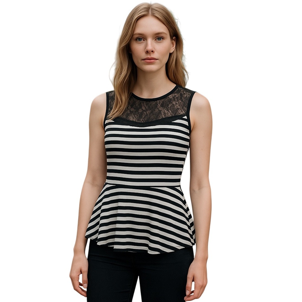 Nuon Black & White Striped Peplum Sleeveless Top - Size Medium